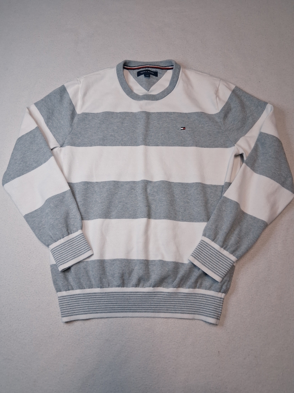 Tommy Hilfiger Gray and White Striped Crewneck Sweater